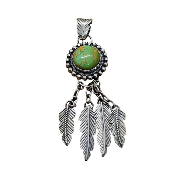 Southwest Green Turquoise Sterling Silver Feather Dangle Pendant Statement - Picture 2 of 9